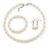 8mm/Clear Glass Bead and Cream Faux Pearl Necklace/Flex Bracelet/Drop Earrings Set - 43cmL/4cm Ext