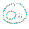 8mm/Azure Blue Glass Bead and White Faux Pearl Necklace/Flex Bracelet/Drop Earrings Set - 43cmL/4cm Ext