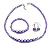 Stylish Purple Glass Bead Necklace/ Stretch Bracelet/Drop Earrings Set - 44cm L/ 4cm Ext