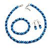 8mm/Glass Bead and Faux Pearl Necklace/Flex Bracelet/Drop Earrings Set in Blue Colours - 43cmL/4cm Ext
