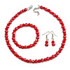 8mm/Glass Bead and Faux Pearl Necklace/Flex Bracelet/Drop Earrings Set in Red Colours - 43cmL/4cm Ext