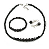 Black Glass Bead Necklace/ Stretch Bracelet/Drop Earrings Set - 44cm L/ 4cm Ext