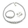 Light Grey Glass Bead Necklace/ Stretch Bracelet/Drop Earrings Set - 44cm L/ 4cm Ext
