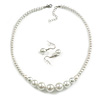 White Graduated Glass Bead Necklace & Drop Earrings Set In Silver Plating - 40cm L/ 5cm Ext
