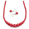 Red Graduated Glass Bead Necklace & Drop Earrings Set In Silver Plating - 40cm L/ 5cm Ext