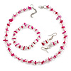 Transparent Glass/Fuchsia Shell Necklace/ Flex Bracelet (Size M) / Drop Earrings Set - 40cm L/5cm Ext