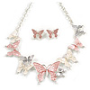 Pastel Pink/White/Grey Enamel Butterfly Necklace and Stud Earrings Set in Silver Tone - 44cm L/6cm Ext