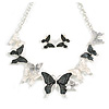 Black/White/Grey Enamel Butterfly Necklace and Stud Earrings Set in Silver Tone - 44cm L/6cm Ext
