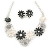 Black/Grey/White Enamel Daisy Floral Necklace and Stud Earrings Set in Silver Tone - 44cm L/6cm Ext
