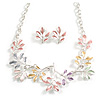 Pastel Multi Enamel Leafy Floral Necklace And Stud Earring Set in Silver Tone - 42cm L/ 6cm Ext