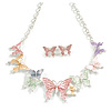 Pastel Multi Enamel Butterfly Necklace and Stud Earrings Set in Silver Tone - 44cm L/6cm Ext