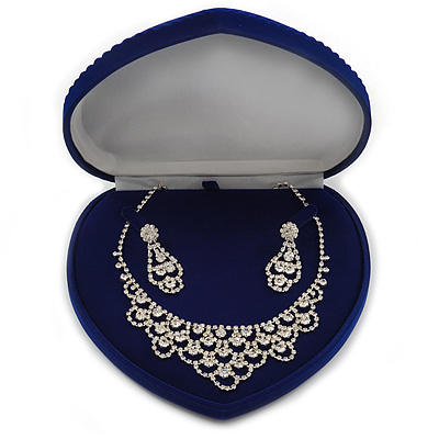 Luxury Blue Velour Heart Jewellery Box for Set/ Necklace/ Brooch/ Pendant/ Earring/ Comb (Necklace Not Included) - main view