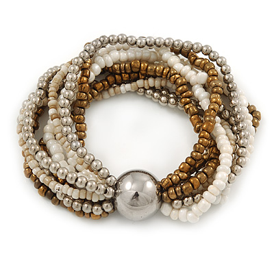 Silver/ White/ Bronze Multistrand Glass Bead Flex Bracelet With A Silver Mirrored Ball - 19cm L - main view