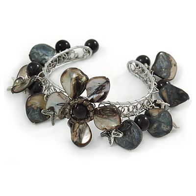 Grey Sea Shell, Black Ceramic Bead Floral Cuff Bracelet In Silver Tone - Adjustable - main view