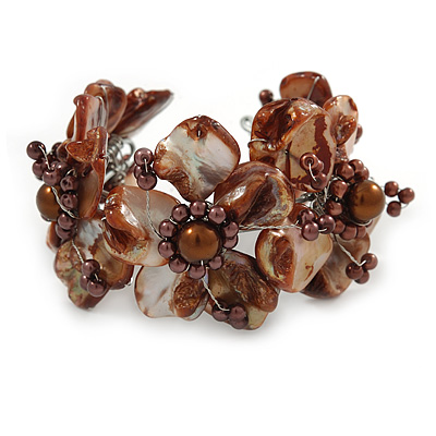 Chestnut Brown Floral Sea Shell & Simulated Pearl Cuff Bracelet (Silver Tone) - Adjustable - main view