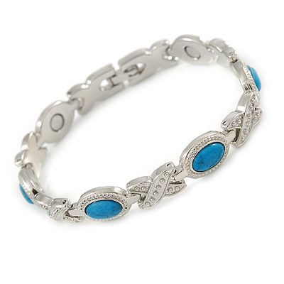 Plated Alloy Metal Turquoise Stone and Cross Motif Ladies Magnetic Bracelet - 17cm Long - main view