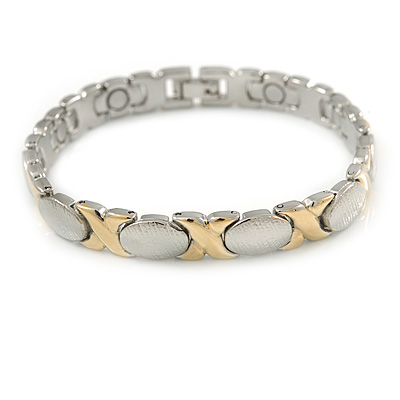 Plated Alloy Metal Oval and Cross Motif Ladies Magnetic Bracelet - 19cm L (Large) - main view