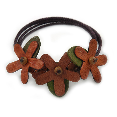 Handmade Leather Floral Flex Wire Bracelet (Brown/ Green) - Adjustable