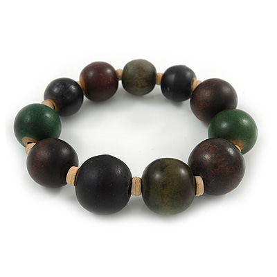 Green/ Brown/ Black Graduated Wood Bead Flex Bracelet - 18cm L