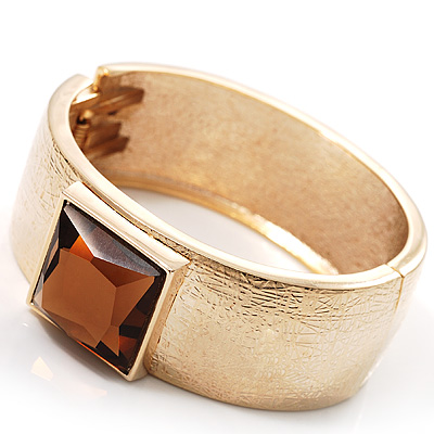 Gold Textured Wide Fashion Bangle with Square Amber Crystal - main view