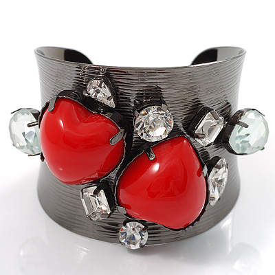 Double Heart Wide Metal Fashion Cuff Bangle - main view