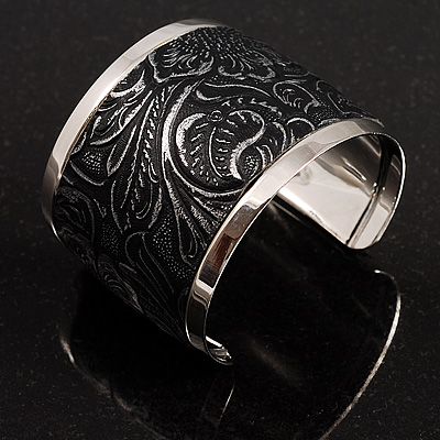 Black Floral Hammered Wide Metal Cuff - main view