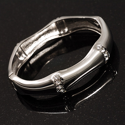 Silver Clear Crystal Hinged Fashion Bangle Bracelet - main view