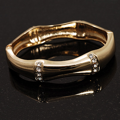 Gold Clear Crystal Hinged Fashion Bangle Bracelet - main view