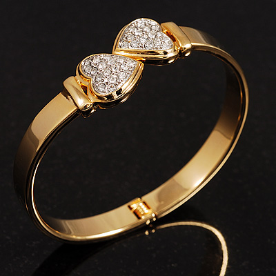 Gold Crystal Double Heart Hinged Bangle Bracelet - main view