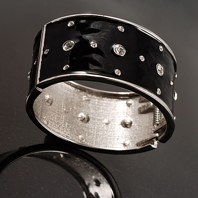 Black Crystal Wide Hinged Enamelled Costume Bangle - main view