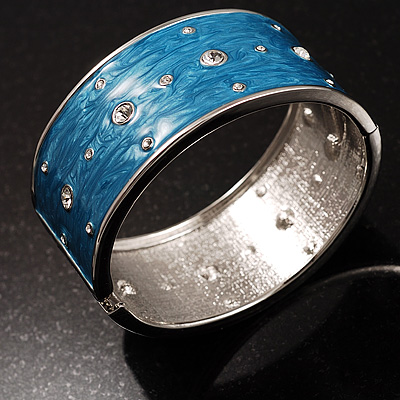Blue Crystal Wide Hinged Enamelled Costume Bangle - main view