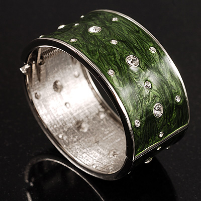 Olive Crystal Wide Hinged Enamelled Costume Bangle - main view