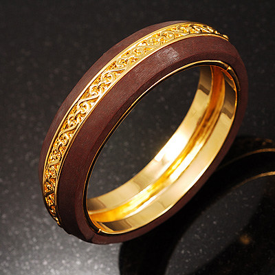 Wooden Fashion Bangle With Gold Embossed Trim - main view
