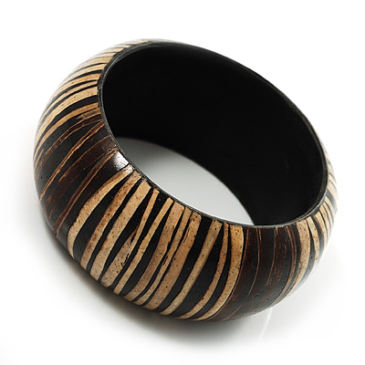 Wide Wood Bangle With Bamboo Stripes (Brown & Beige) - main view