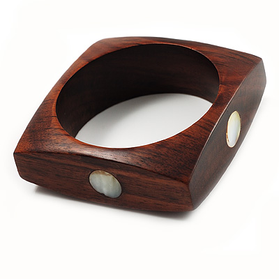 Square Wood  Bangle With Shell Inlay Circles (Brown & Light Cream) - main view