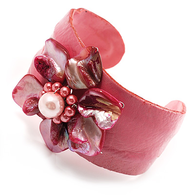 Leather & Shell Floral Cuff Bangle (Pink) - main view