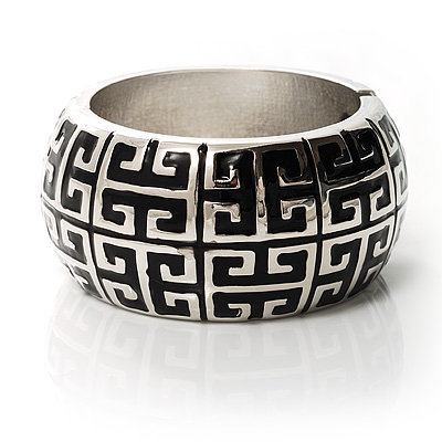 Rhodium Plated Maze Pattern Wide Hinged Bangle (Silver&Black) - main view