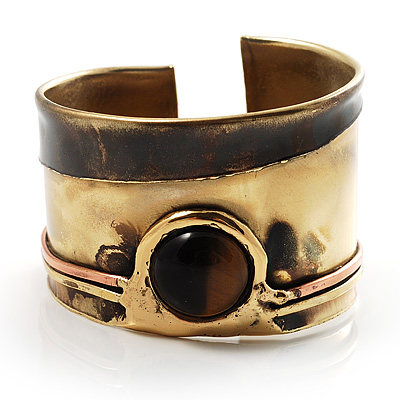 Gold Tiger's Eye Wide Ethnic Cuff Bangle - main view