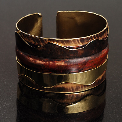 Wavy Pattern Chunky Ethnic Cuff Bangle (Brown, Gold&Copper) - main view