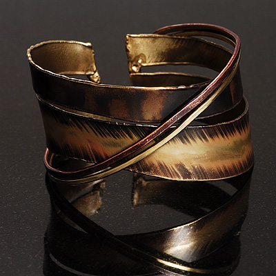 Cross Bars Ethnic Cuff Bangle (Antique Gold&Brown, Red) - main view