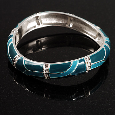 Silver Tone Curvy Enamel Crystal Hinged Bangle (Teal,Green,Turquoise colour) - main view