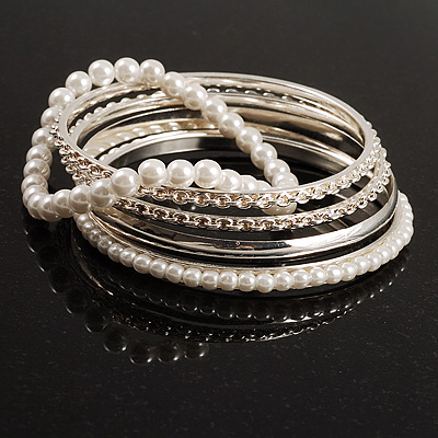 Textured & Imitation Pearl Beaded Bangles - Set of 5 (Silver & White) - main view