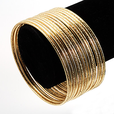 Textured And Polished Metal Bangles- Set of 14 (Gold Tone) - main view