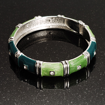 Green Crystal Segmental Hinged Bangle Bracelet (Silver Tone) - main view