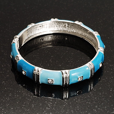 Sky Blue Crystal Segmental Hinged Bangle Bracelet (Silver Tone) - main view