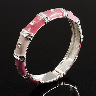 Pink Crystal Segmental Hinged Bangle Bracelet (Silver Tone) - main view