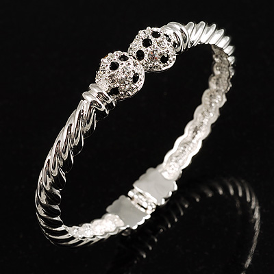 Twisted Crystal Hinged Bangle Bracelet (Silver Tone) - main view