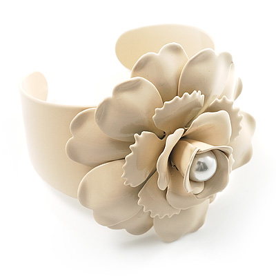 Stunning Cream Rose Metal Cuff Bangle - main view