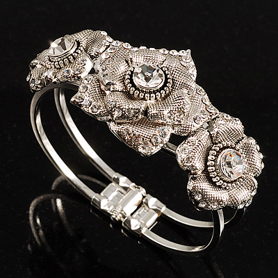 Textured Crystal Rose Hinged Bangle Bracelet (Silver&Clear) - main view