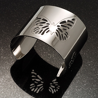 Rhodium Plated Wide Butterfly Cuff Bangle - main view